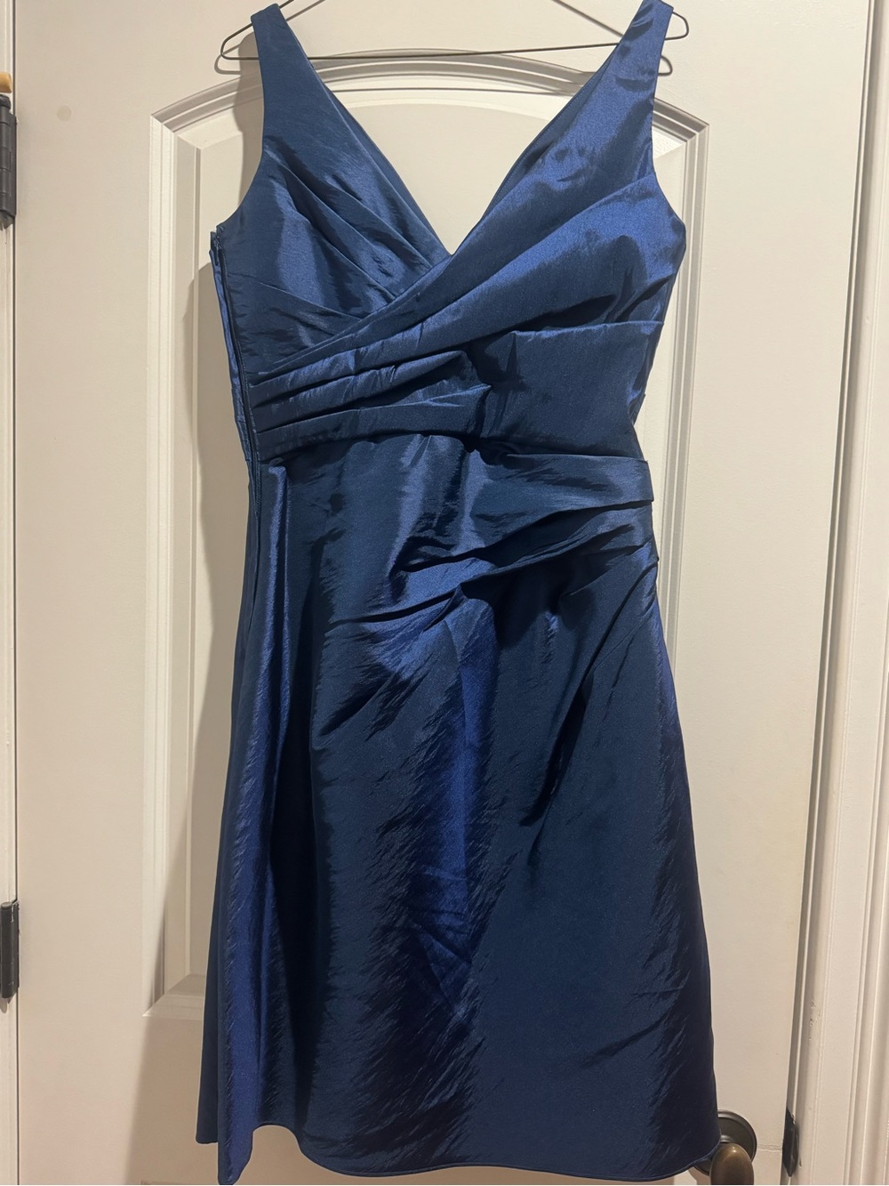 V-Neck Satin Midi Dress in Navy Blue